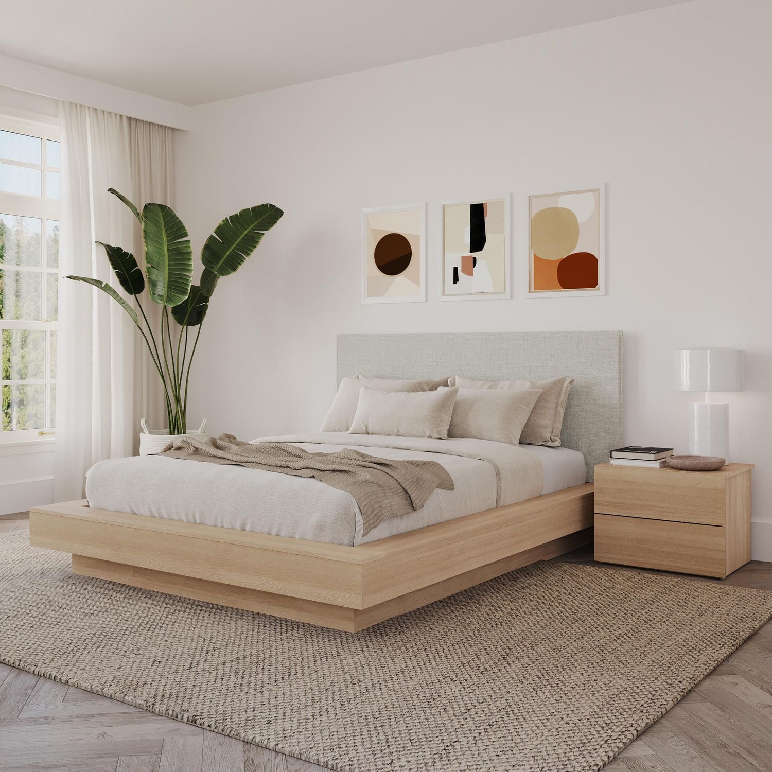 Julian 3 Piece Queen Size Bedroom Set with Platform Bed, Upholstered Headboard and Nightstand