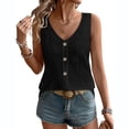 thumbnail image 2 of Women's Eyelet Embroidery Tank Tops with V Neck and Button Down Front Featuring Loose Sleeveless Silhouette Black XL, 2 of 7