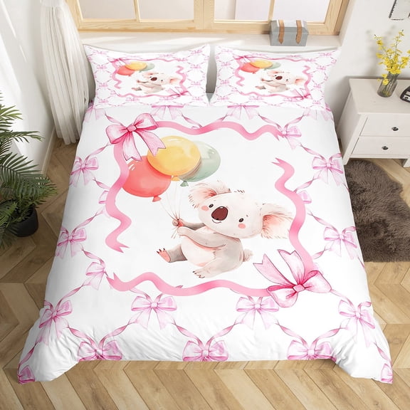 Erosebridal Pink Bowknot Duvet Cover,Cartoon Koala Bedding Set Twin for Kids Boys Girls,Kawaii Animal Reversible Bed Sets,Princess Bow Knot Quilt Cover with 1 Pillowcase for Bedroom(No Comforter)