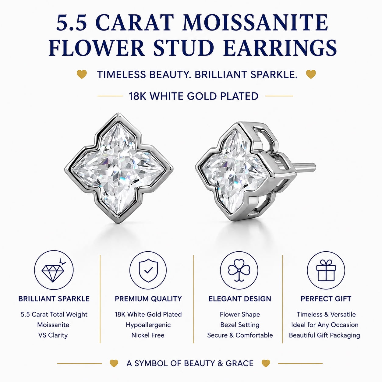 JeenMata 5.5 Carat Moissanite Flower Stud Earrings - 18K White Gold Plating for Women