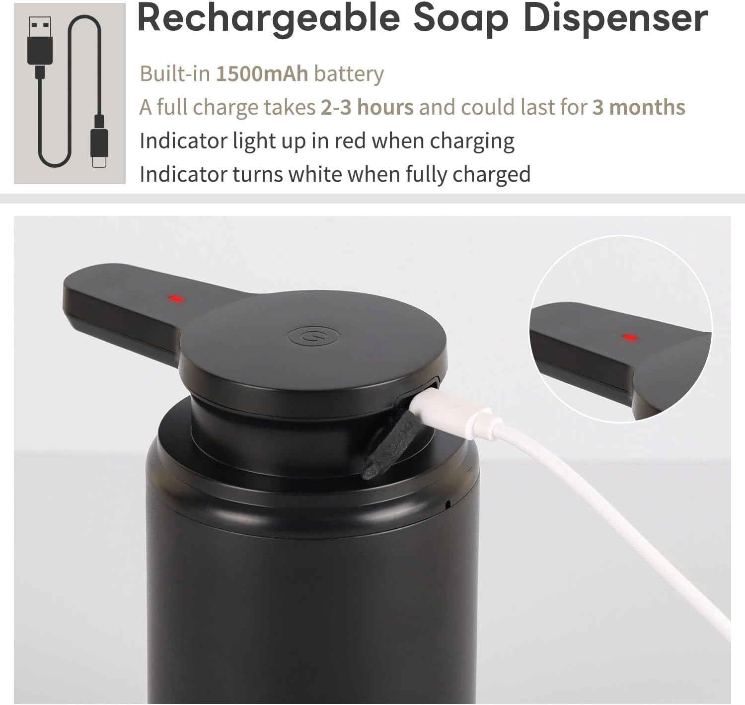 Lococo Automatic Foaming Soap Dispenser, Rechargeable Touchless Foam Hand Soap Dispenser for Bathroom, Soap Pump for Kitchen, Water-Resistant, Xmas Gift 10oz, Black