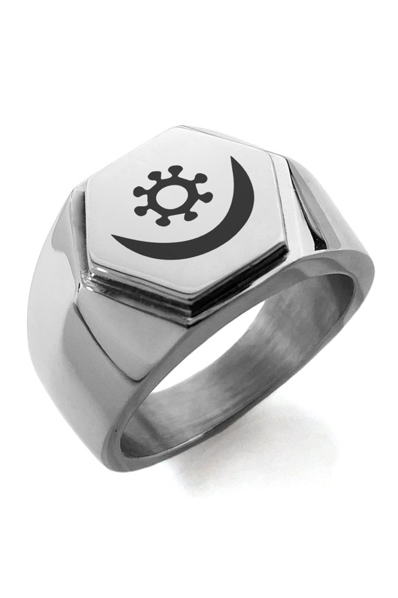 Stainless Steel Aztec Harmony Rune Engraved Hexagon Crest Flat Top Biker Style Polished Ring