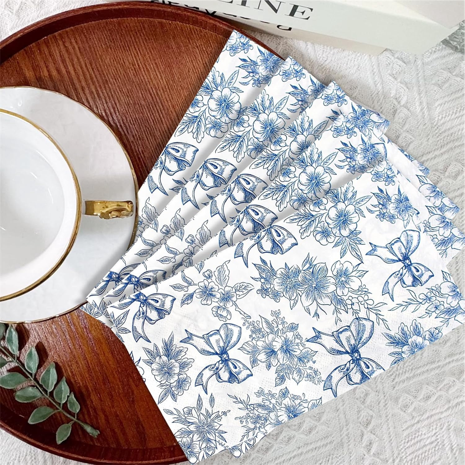 100 PCS Blue Napkins Disposable, Blue Floral Napkins, 3 Ply Printed Decorative Flower Guest Napkin, Chinoiserie Napkin, Bridal Shower Wedding Decorations, Birthday Table Party Supplies
