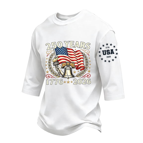 GrmtClth American Flag Shirt for Men Patriotic Usa 250th Anniversary Tops Classic 3/4 Sleeve T-Shirt Lightweight Comfortable Round Neck Clothes White XL