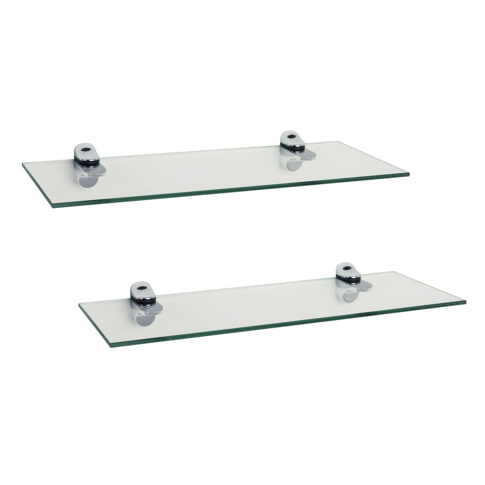 Set of 2 Clear Glass Floating Shelves with Chrome Brackets 16 x 6