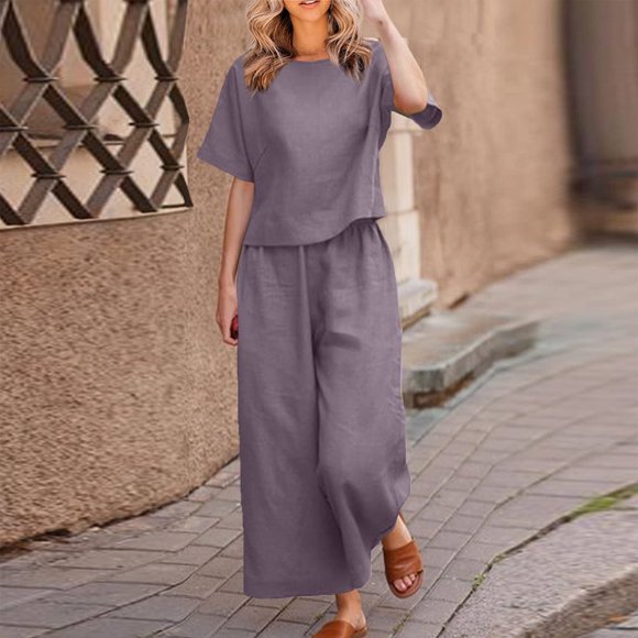 Amzcrzy Two Piece Sets for Women Fashion Women Summer Solid Round-Neck Casual Short Sleeve Top+ Pant Set 2 Piece Sets for Women Womens Summer Clothes Matching Sets Women Clothing Women's Clothing