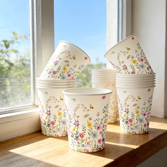 20pcs Disposable Paper Cups with Wildflowers | Suitable for Birthday Parties, Spring Outing Theme Parties