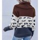 thumbnail image 5 of Suéter de mujer Estampado de leopardo Color de contraste Cuello alto Mangas de hombro caído Suéter Marrón S, 5 of 7