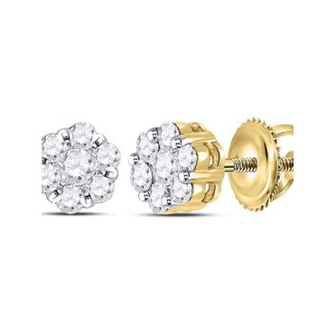 Boucles d'Oreilles Rondes en Or Jaune 14kt pour Femmes avec Diamants et Fleurs 3/4 Cttw