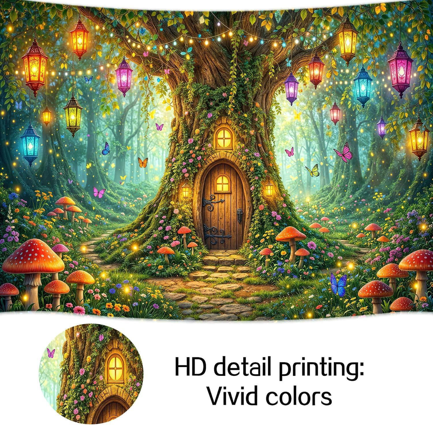 Enchanted Forest Fairy Treehouse Photography Backdrop, Magical Mushroom Lantern Butterfly Background for Kids Birthday Party Baby Shower Photo Booth Decorations Banner, 10x8ft