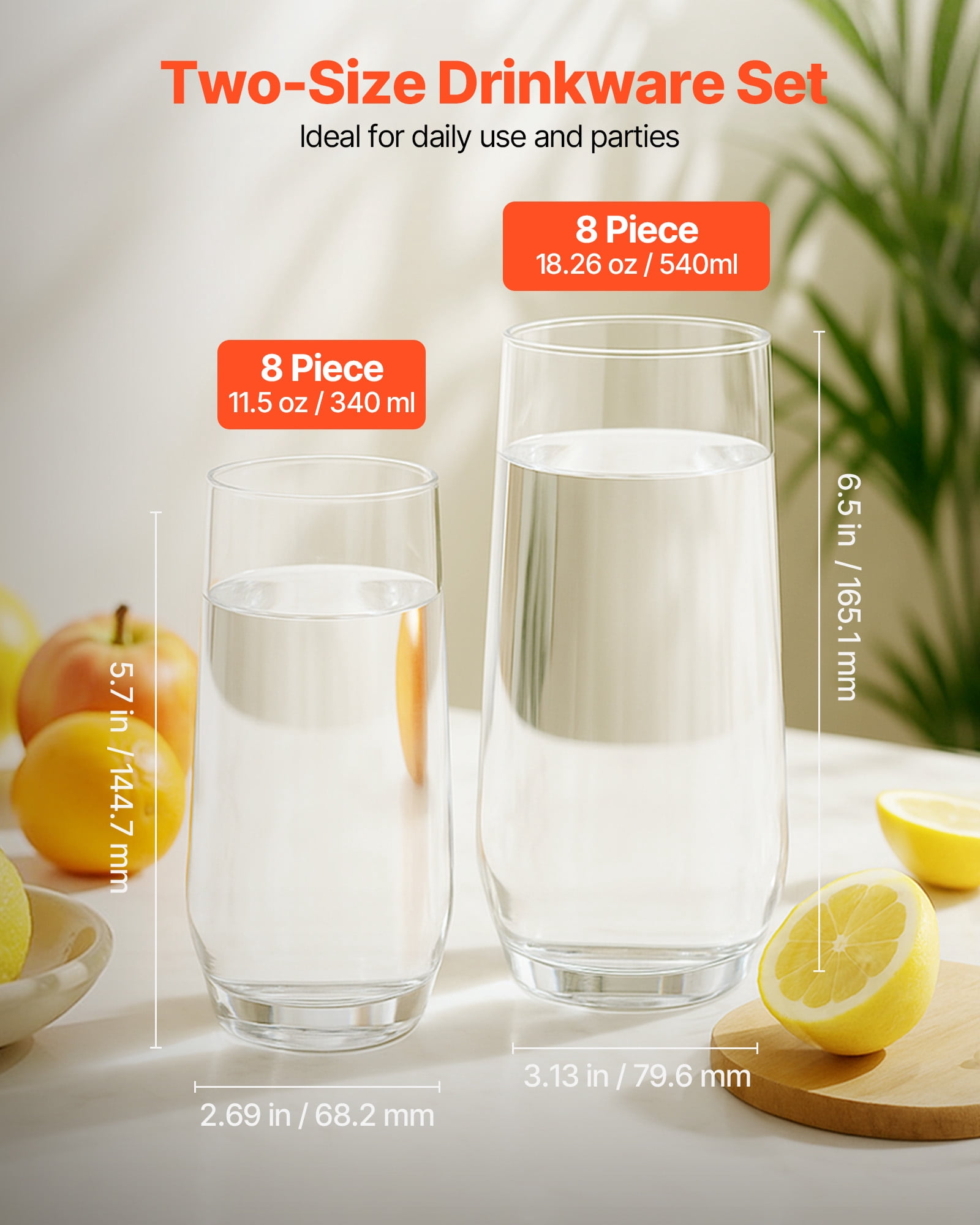 VEVOR Drinking Glasses Set, 16-Piece Crystal Glass Cups, Elegant Mixed Glassware Set, with 8 Pcs 18.26 Oz Highball and 8 Pcs 11.5 Oz Cocktail Drinkware for Kitchen, Beer,Smoothie,Juice,Soda,Wine