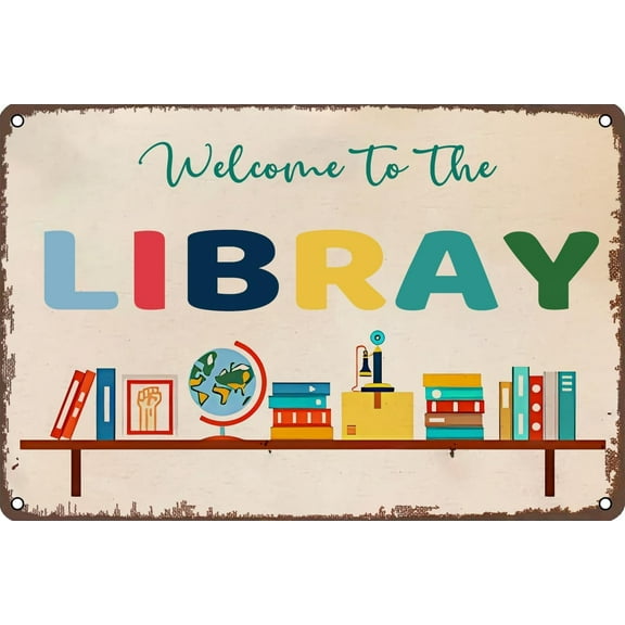 8x12 Inch Vintage Metal Sign Welcome To The Library Book Lover Welcome Sign For Front Door Porch Standing Library Canvas Tin Sign For Home Room Garage Man Cave