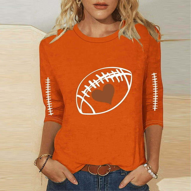 Heisall Womens Tops 3/4 Sleeve Round Neck Loose Casual Fashion T-Shirts Rugby Print