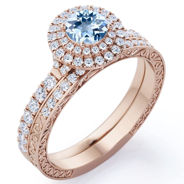 JeenMata Anillo Nupcial con Filigrana Art Déco de 1,75 Quilates de Aguamarina y Moissanita de Talla Brillante Redonda con Halo Pavé Engastado en Oro Rosa de 18 K sobre Plata
