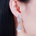 thumbnail image 4 of Chic 585 Gold CZ Symmetrical Leaf Long Pearl Drop Earrings for Bridal Wedding, 4 of 9