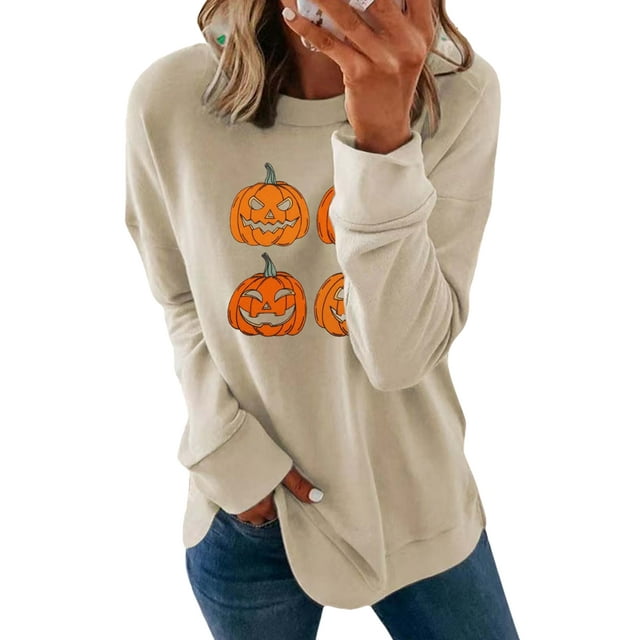 Fashnice Ladies Sweatshirt Pumpkin Print Pullover Crew Neck Halloween Sweatshirts Loose Fit Fall Jumper Tops Beige M
