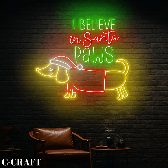 C-CRAFT I Believe In Santa Paws Neon Led Light for Christmas Dachshund Dog Clinic Wall Art Decor