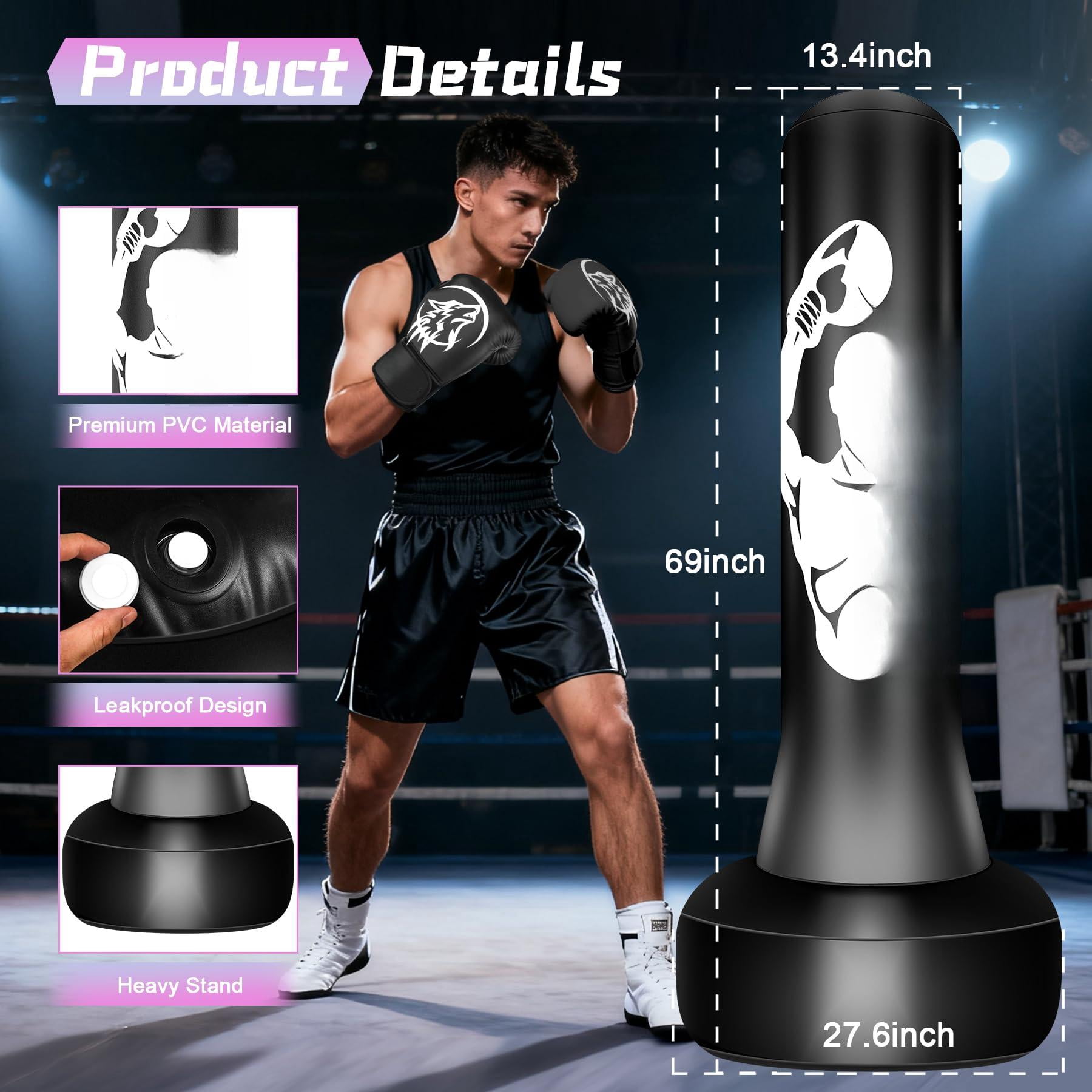 Freestanding Punching Bag With Gloves  70'' Superior Boxing Stand For Adults & Teens No Drill Kickboxing Bags Men Women Beginners Mma Muay Thai Karate Home Fitness