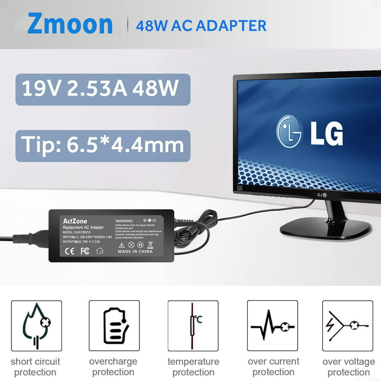 19V Alimentation Chargeur pour LG Electronics 19 20 22 23 24 27 32  LED LCD Monitor Widescreen HDTV 24M47H-P 24MP55HQ Samsung TV A4819-FDY  UN32J UN32J400 UN32J4000AF 22ma53d Adaptateur Secteur : :  Informatique