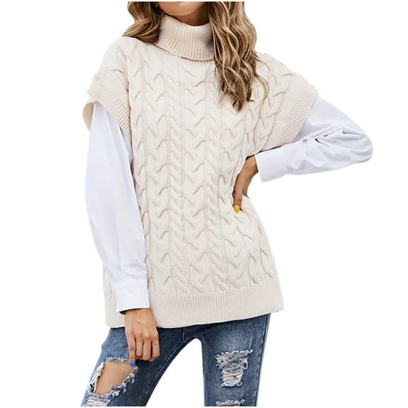 Sweater Vest Women, Women's Turtleneck Knitted Solid Color Loose Sweater Vest Casual Oversize Pullover Sweater QIPOPIQ Clearance