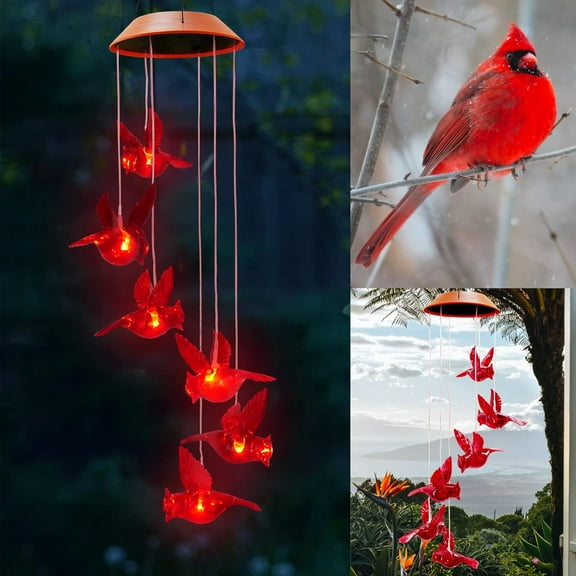 Solar Cardinal Wind Chime, Solar Red Bird Wind Chime,Plastic Mobile Hanging Patio Lights,Waterproof LED Garden Decoration, Outdoor Red Bird Garden Wind Chime for Patio, Deck, Yard, Garden, Home