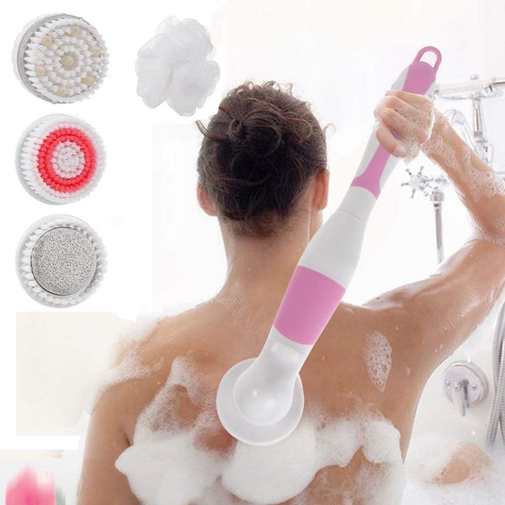 Electric Spa Massage Brush Shower Facial And Body Cleansing Brush Kit With Long Handle And 4
