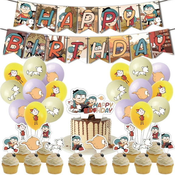32 Pcs For Hilda Theme Birthday Party Decorations,With 1 Happy Birthday Banner Garland,18 Balloons,13 Cupcake Toppers for Children Party Decorations