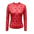 thumbnail image 3 of Lace Mesh Sheer Long Sleeve Tops for Women See Through Floral Embroidery Fishnet Fitted Tight T Shirts Blouses Red L, 3 of 4