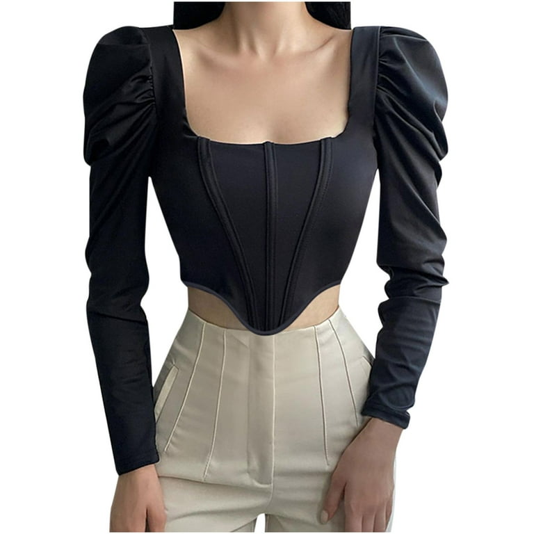 Hesxuno Long Sleeve Corset Top Woman Solid Color Square Collar Sexy Puff  Sleeve Corset Short Top