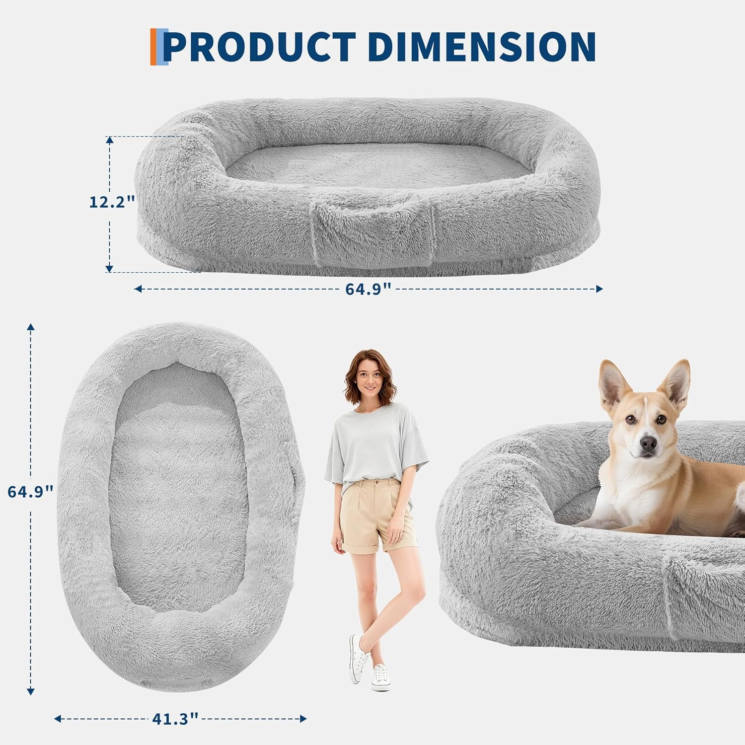 Rugerasy 65 Inch Large Gaint Shared Bed for People Pets,Human Dog Bed for Adult,Washable Faux Fur Removable Nap Bed Bean Bag with Handle Side Pocket,Light Gray