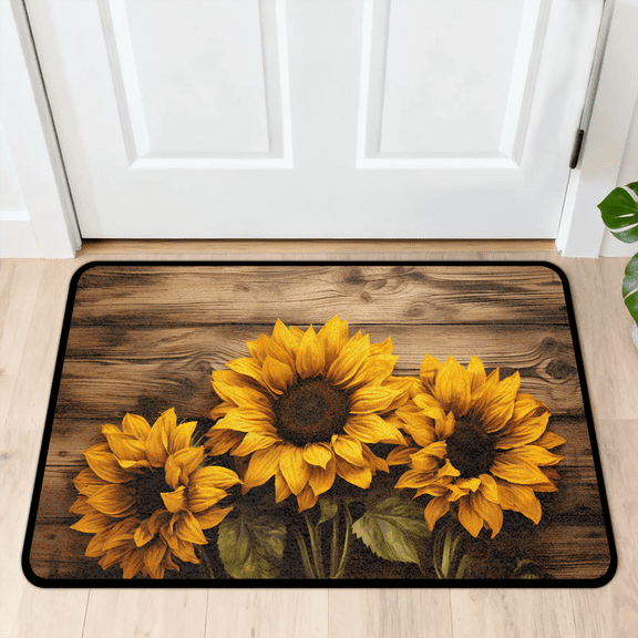CURLYOOT Sunflower Wood Grain Indoor Doormat, Non-Slip Absorbent Door Mat 24" x 16", Entrance Floor Mat Washable Entry Doormats for Entryway Front Back Door