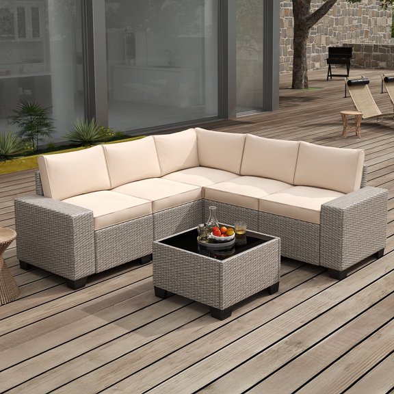 6 Pieces Outdoor Sectional Sets, Patio Furniture Set for Backyard, Deck, Beige