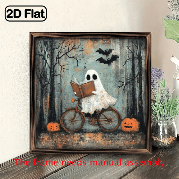 2D Flat Wall dcor Halloween Wood Frame Wall Art 8x8in Prints, Cute Ghost Art Posters Print Painting For Living Room Bedroom Office Bathroom Dorm Home Decor, Ready To Hang