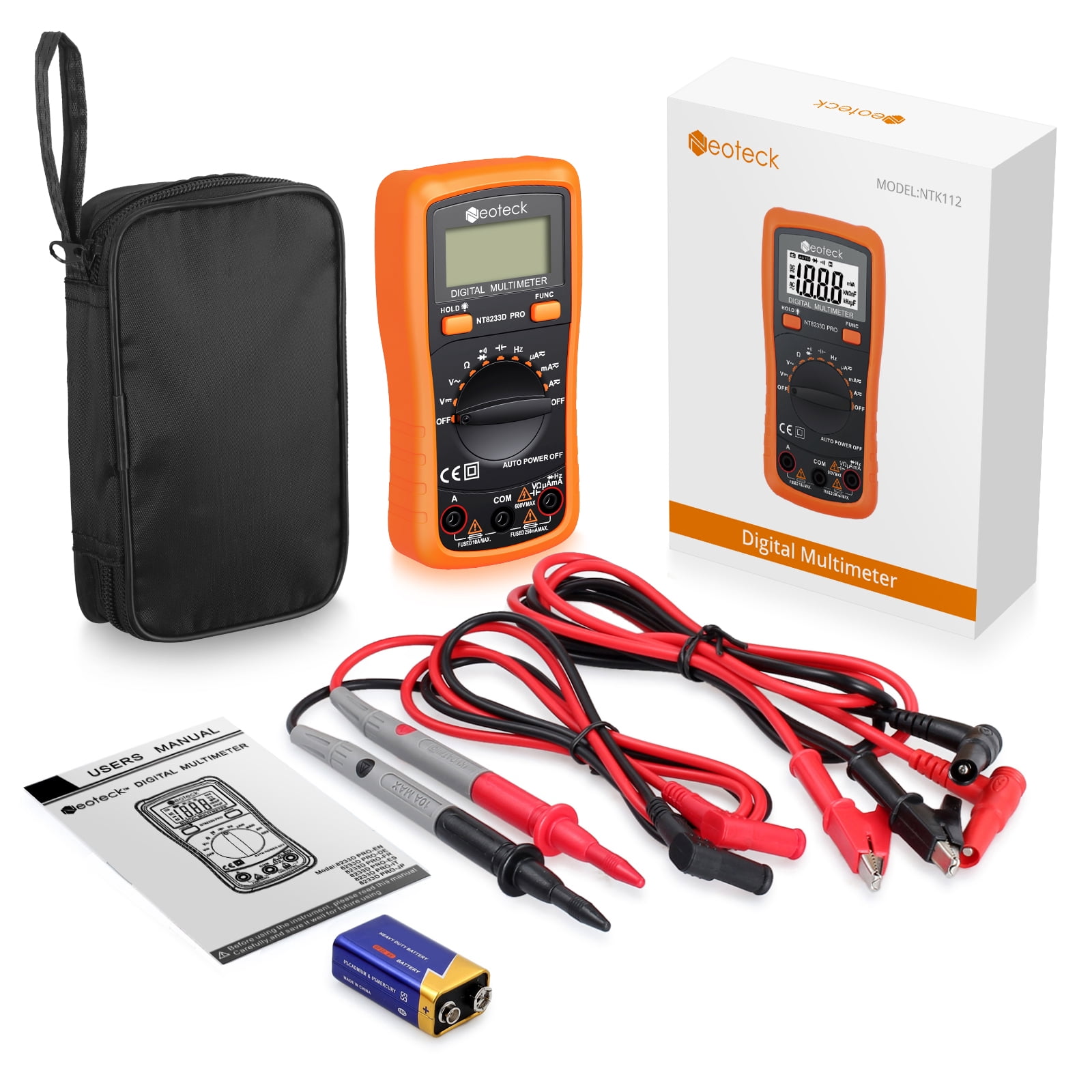 Neoteck Digital Multimeter Auto Range AC DC Voltmeter Ammeter Backlight Tester With Protective Orange Shell with Stand Built