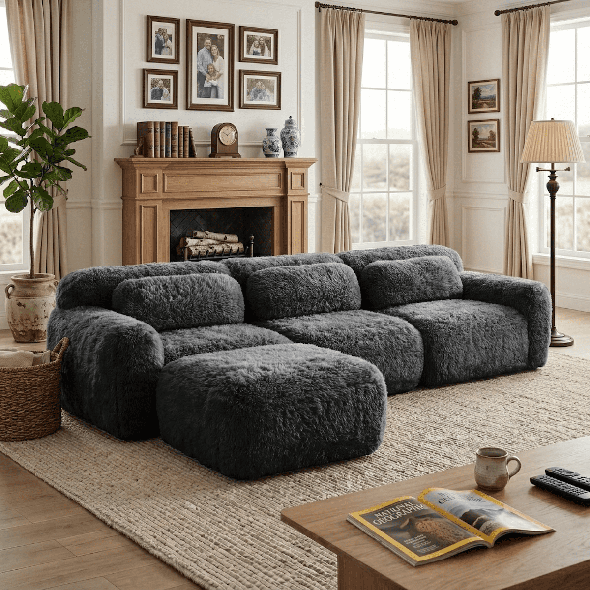 Xiweot 115" L Shaped Sectional Sofa, Boneless Compression Cloud Couch with Ottoman, Modular High Density Foam Sofa, Fluffy Faux Fur Deep Seat Couch, No Assembly Living Room Furniture for Apartment