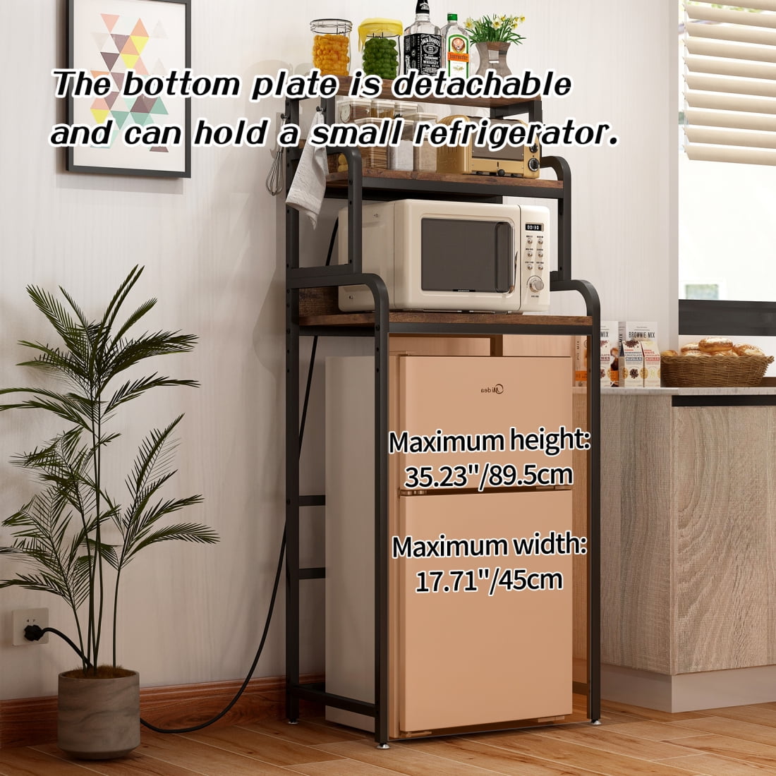 4-Tier Mini Fridge Stand Coffee Bar Cabinet Station with Charging Station, Bakers Rack Storage Shelf with Hooks and Adjustable Shelves, Utility Storage Shelf for Kitchen, Dorm, Living Room, Brown