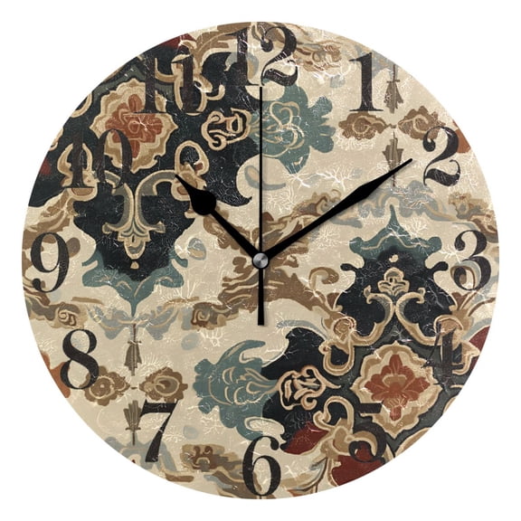 Traditional Chinese Flower Pattern Round Wall Clock Battery Operated Silent Non-Ticking Bedroom Office Kitchen Home School Decor 10"(Black)