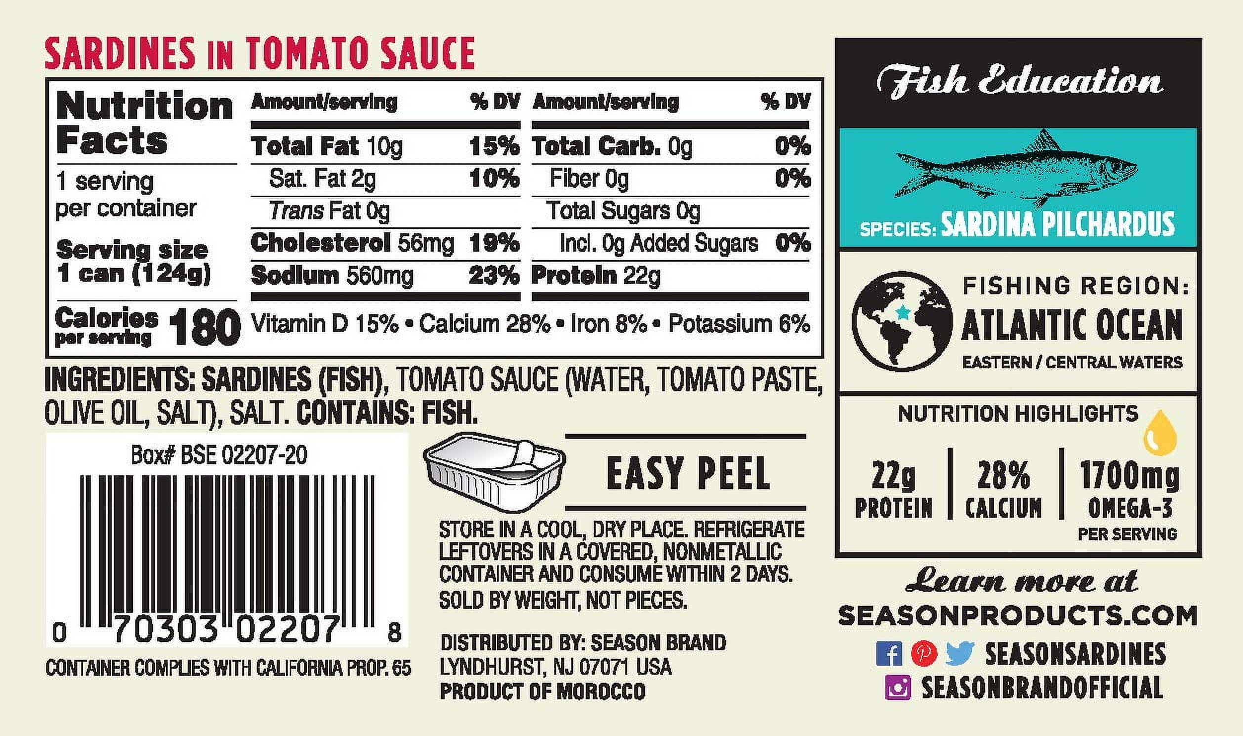 Season Sardines in Tomato Sauce, 4.375-Ounce Tins (Pack of 12)