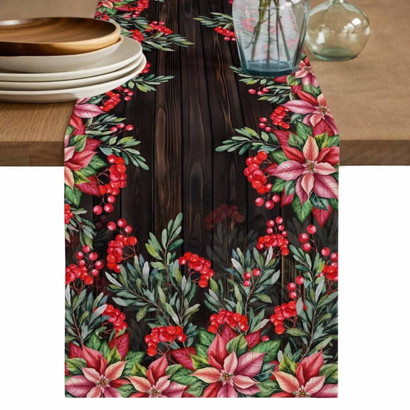 Red Christmas Table Runner 72 Inches, Poinsettia Berry Xmas Botanical Wooden Bed Runner Dresser Scarves Tabletop for Indoor Outdoor Parties/Ceremony/Banquet, 13" x 72"