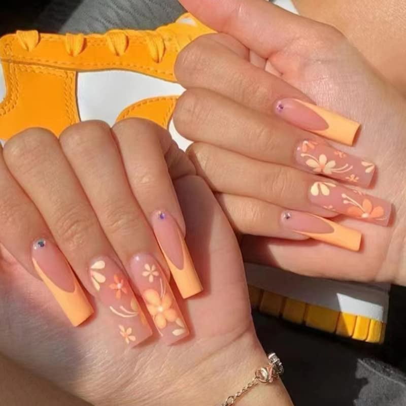 24 Pcs Coffin Shape Press on Nails,Medium Length with Orange Flowers French  Designs Fake False Nails with Glue,Ballet Nail Art for Women and Girl Stick  on Nails - Walmart.com
