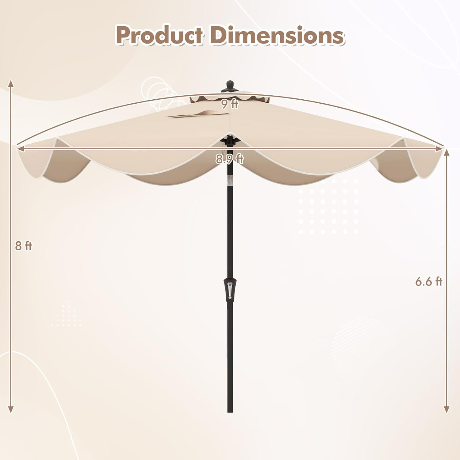 ZYPPP  9Ft Patio Umbrella, Outdoor Umbrella with Crank Handle, Push Button Tilt, 2-Tier Beach Umbrella with Sun-Protective Canopy, 8 Ribs, Scalloped Patio Umbrella for Outdoor Deck Pool Table (Beige)
