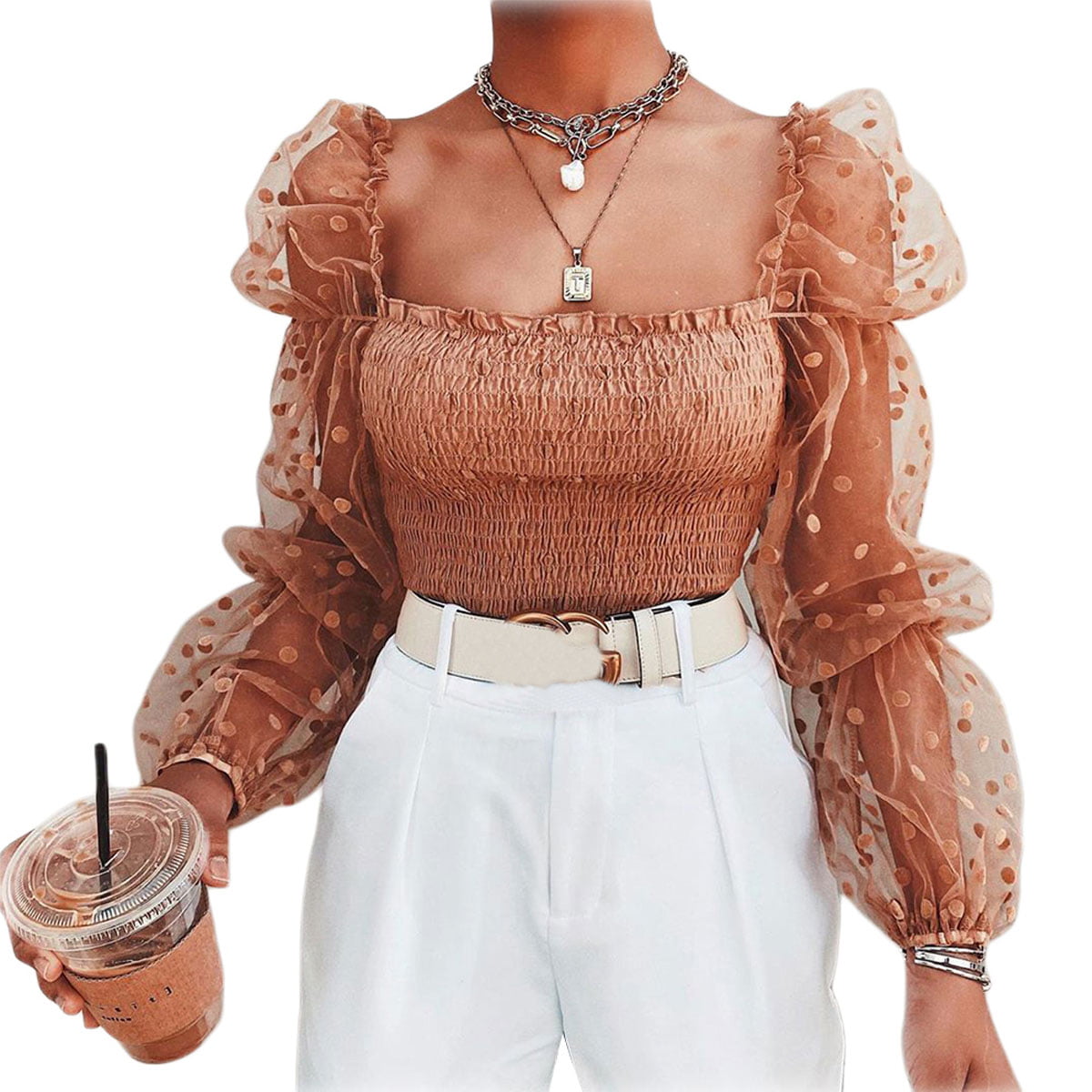 Women Mesh Polka Long Sheer Sleeve Sweater Tops Pullover Size S-XXL Shirt B C3L4