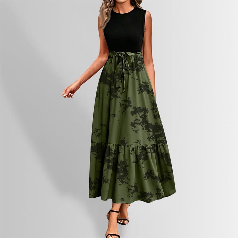 Women's Casual Flowy Midi Short Sleeve V Neck Summer Beach Loose Fit Elegant Party Dress Dark Green M