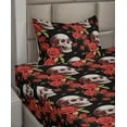 thumbnail image 2 of Ambesonne Skull Print Fitted & Flat Sheet with Sham 3 Pcs Set, Roses Scary Gothic Art, Twin XL, Dark Pink Olive Green, 2 of 4