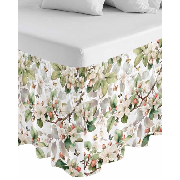 Spring Floral Wrap Around Bed Skirts for California King Bed 16" Drop,Bed Skirt with Adjustable Elastic Belt Dust Ruffle Bed Valance for Bedroom Green Botanical Flowers Watercolor Bed Frame Cover
