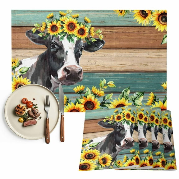 Placemats Set of 4, Yellow Sunflower Cow Placemats Set of 4, Farm Animal Teal Wood Grain Tablemats Placemat Table Decoration for Kitchen Table Dinner Party Home Decor Indoor Outdoor 13x19 Inch