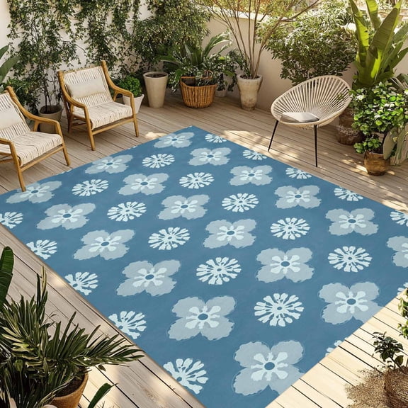 Blue Floral Outdoor Rug 5x7 Ft - Reversible Patio Rug Outdoor Camping Rugs, Spring Flowers Modern Abstract Art Farmhouse Indoor Outdoor Area Rugs, Non-Slip Outdoor Carpet Runner for Deck/Porch