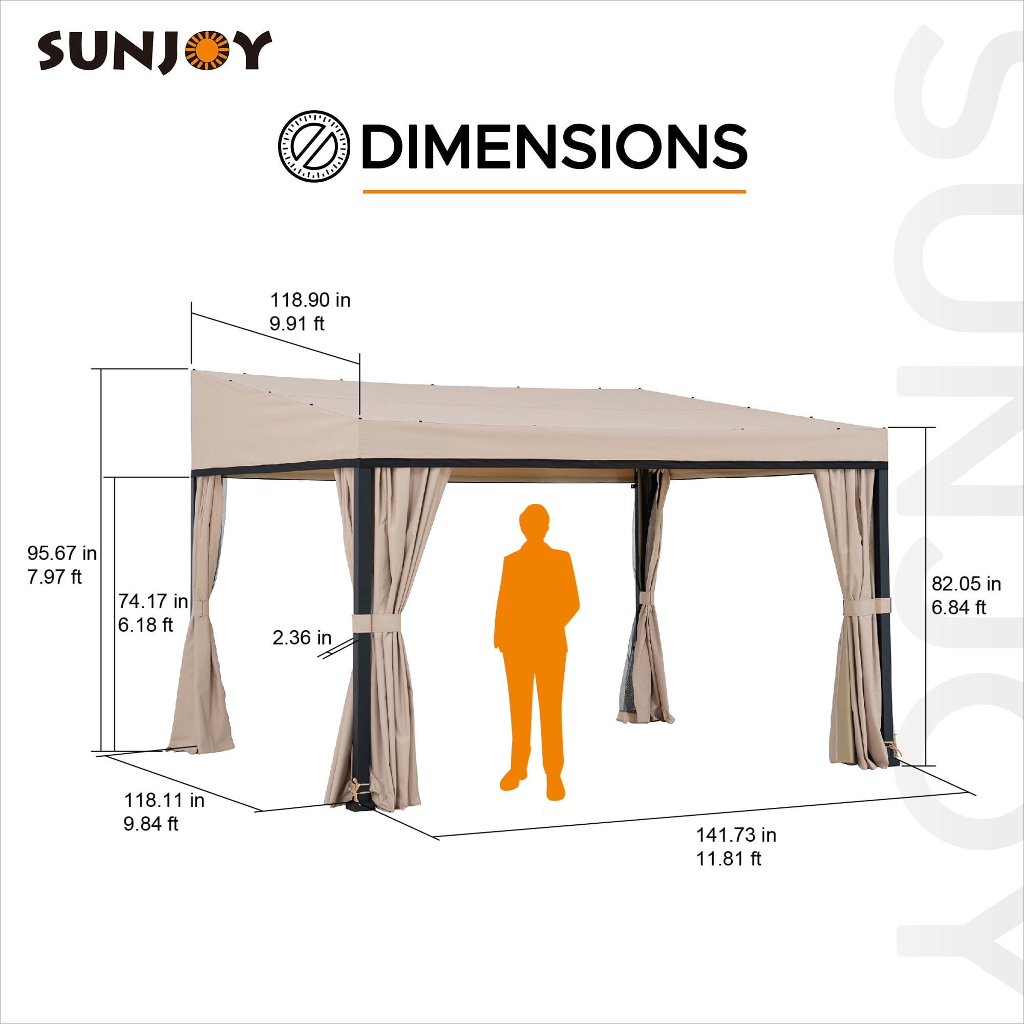 Sunjoy 10 x 12 ft Wall Mounted Gazebo with Weather Resistant Fabric Roof, Black Aluminum & Metal Frame Lean to Gazebo with Curtains and Netting