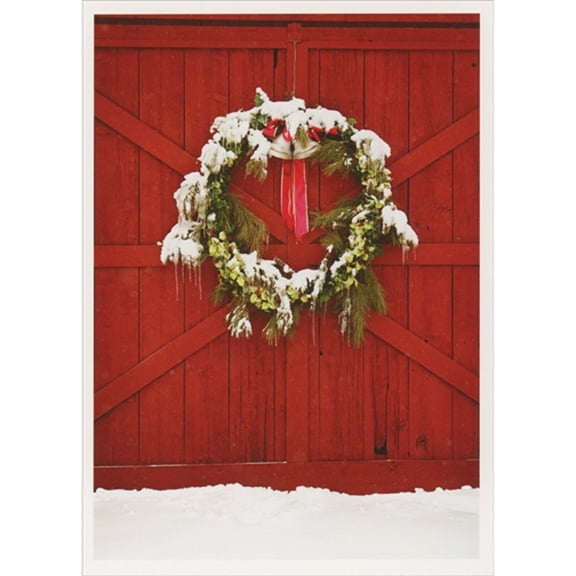 Palm Press Snow Covered Wreath on Red Barn Doors Box of 10 Christmas / Holiday Cards