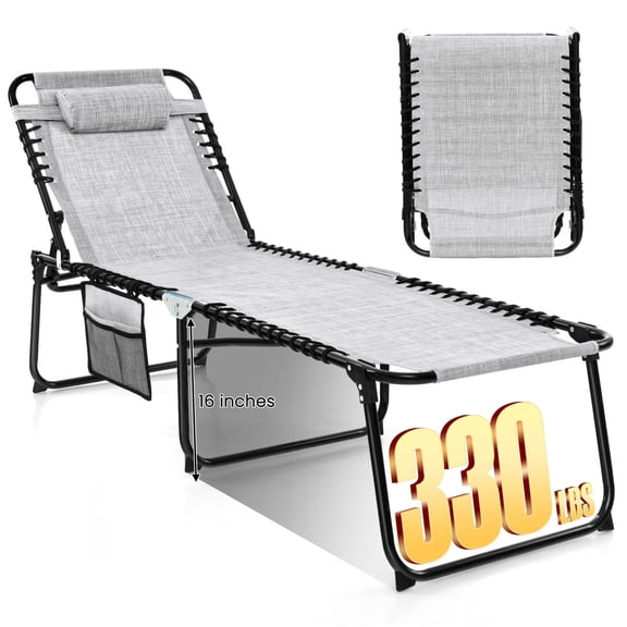 Folding Beach Chaise Lounge Chair, Extra High Outdoor Tanning Bed with Adjustable Backrest, Footrest & Removable Pillow for Patio, Poolside, Gray